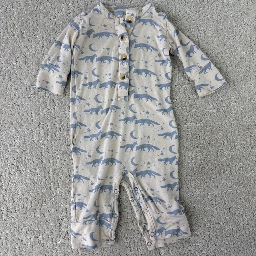 Kate Quinn Bamboo Fox Moon Romper Kids 0-3M Cream Blue Long Sleeve Snaps 12612 - Picture 1 of 7